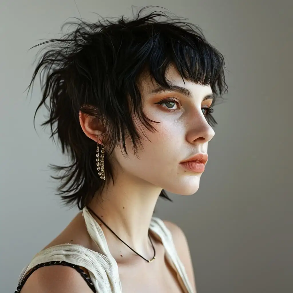 Black Tousled Wolf Cut on Short Hair