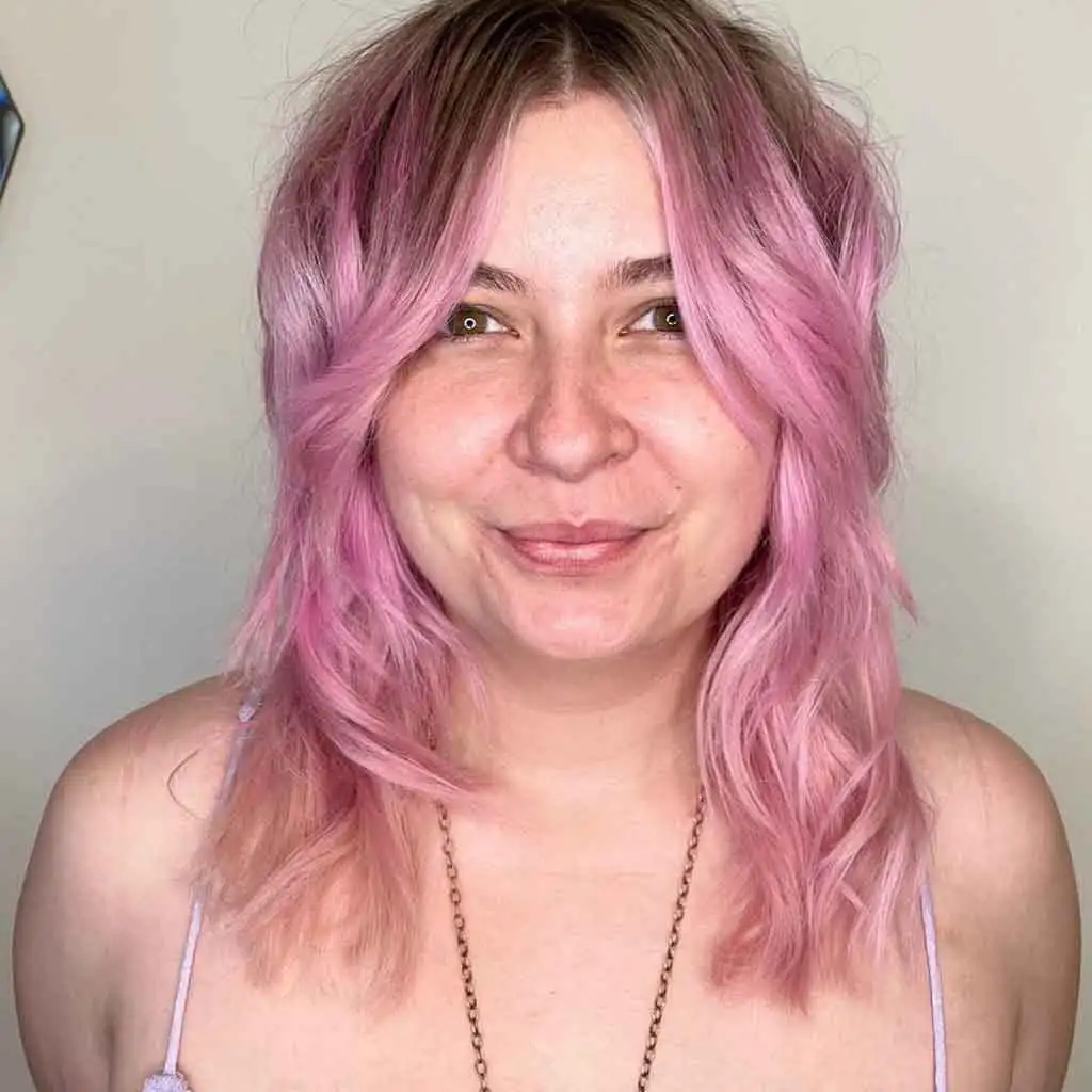 Pink Medium Shag With Curtain Bangs