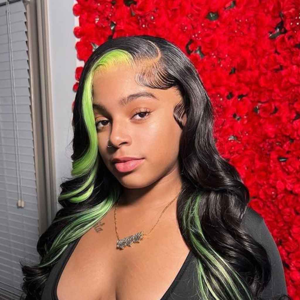 Green Skunk Stripe on Long Wavy Black Hair