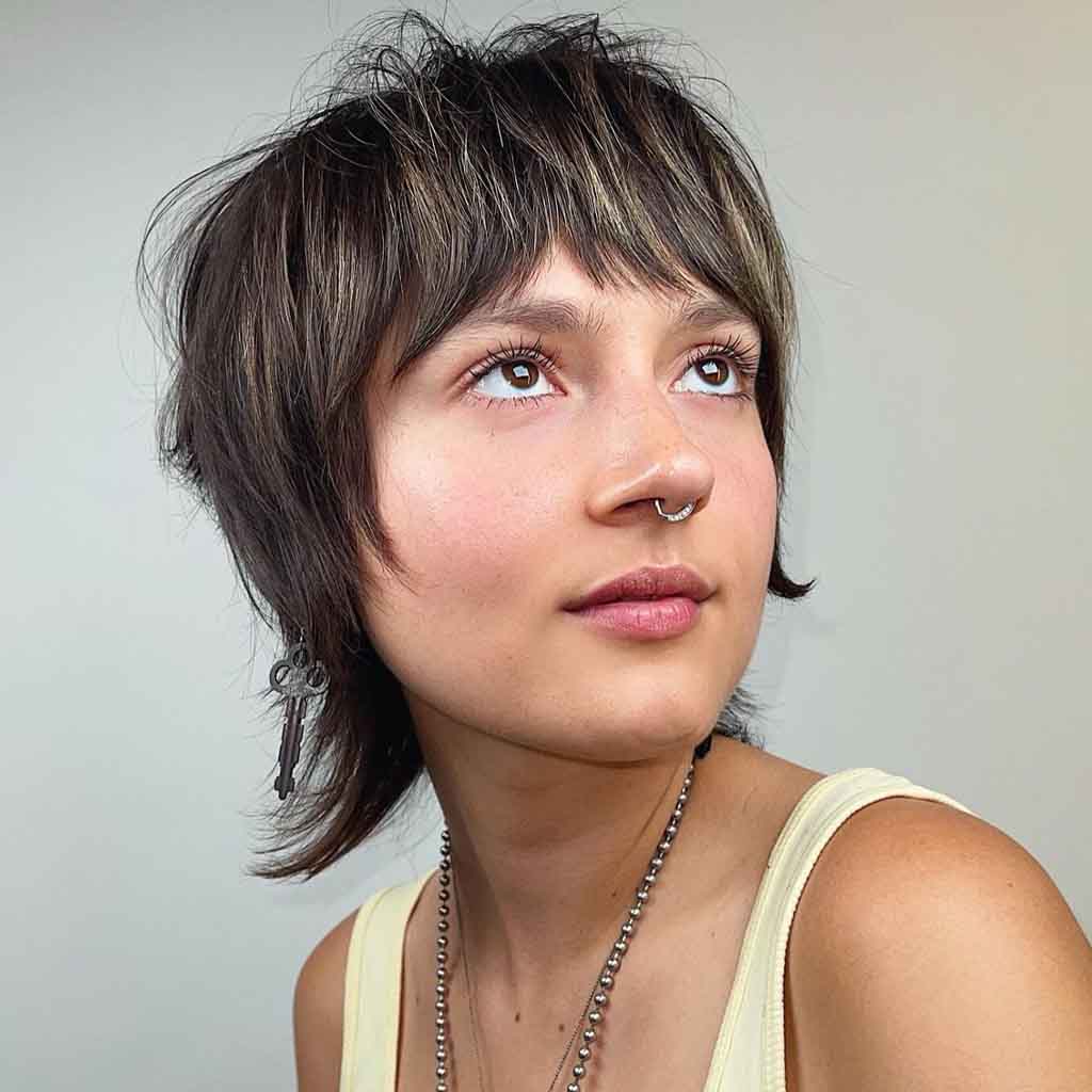 Razor Shag Mullet Hair With Blonde Highlights and With Bangs