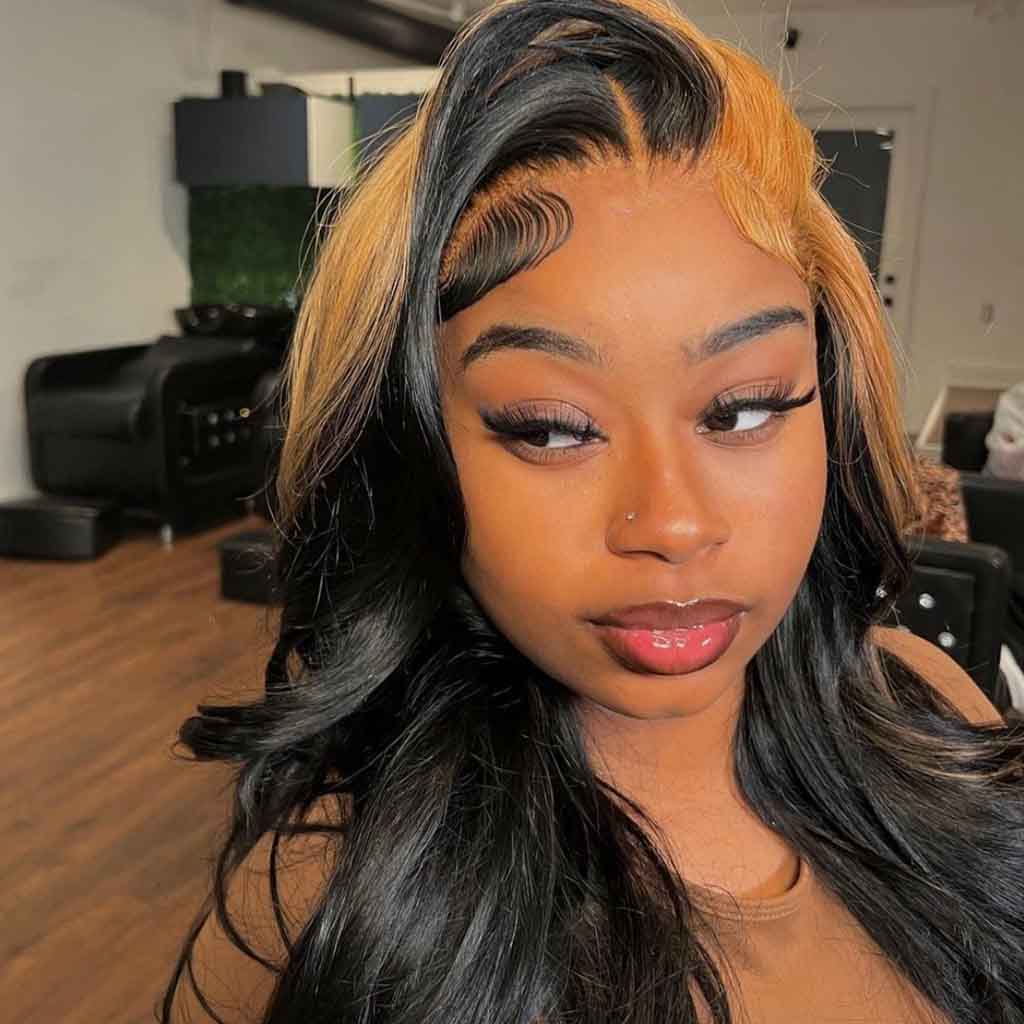 Honey Blonde Skunk Stripe on Black Hair
