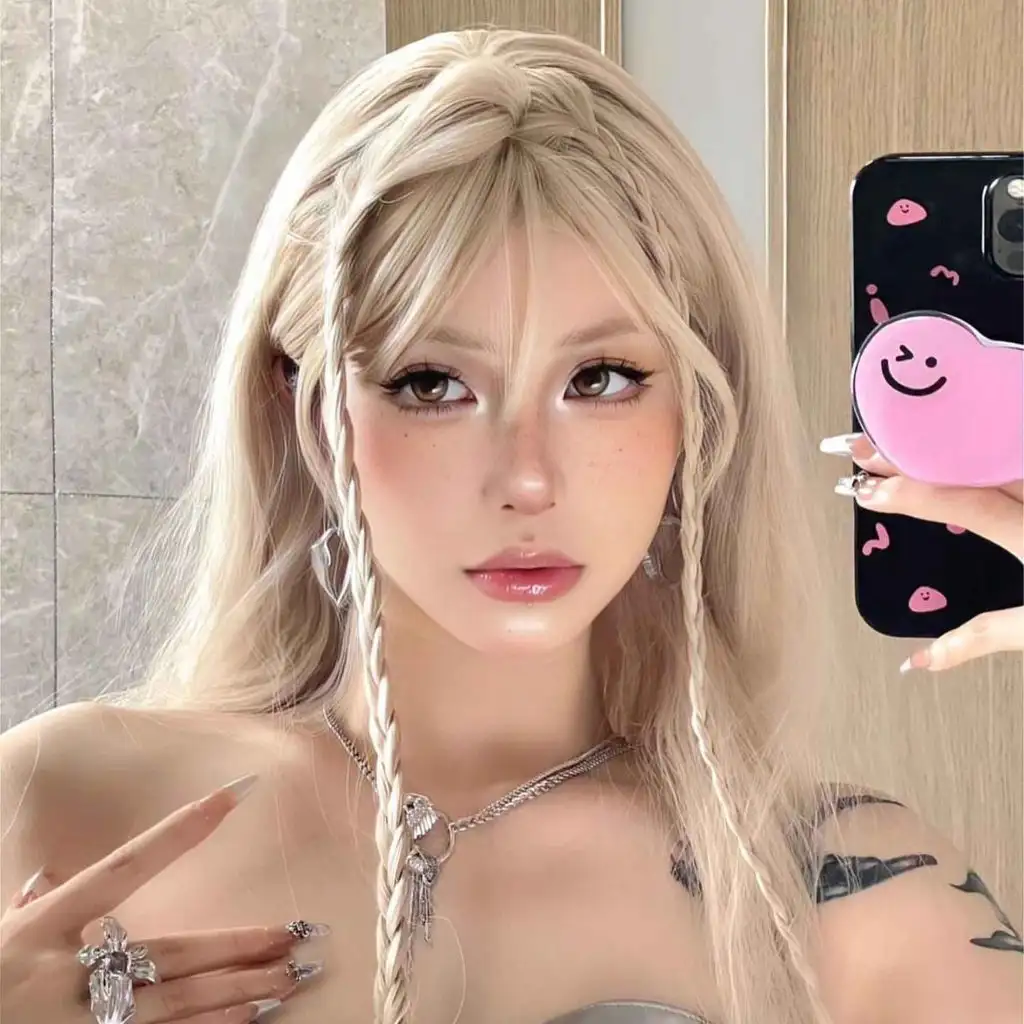 Korean Style Blonde Hair With Braid Flicks and Bangs