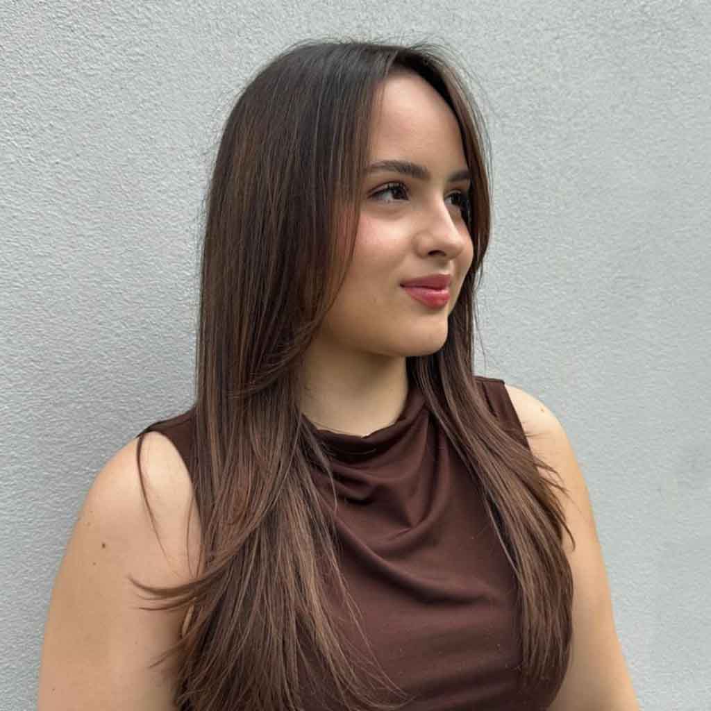 Warm Bronde Brunette on Straight Layered Hair