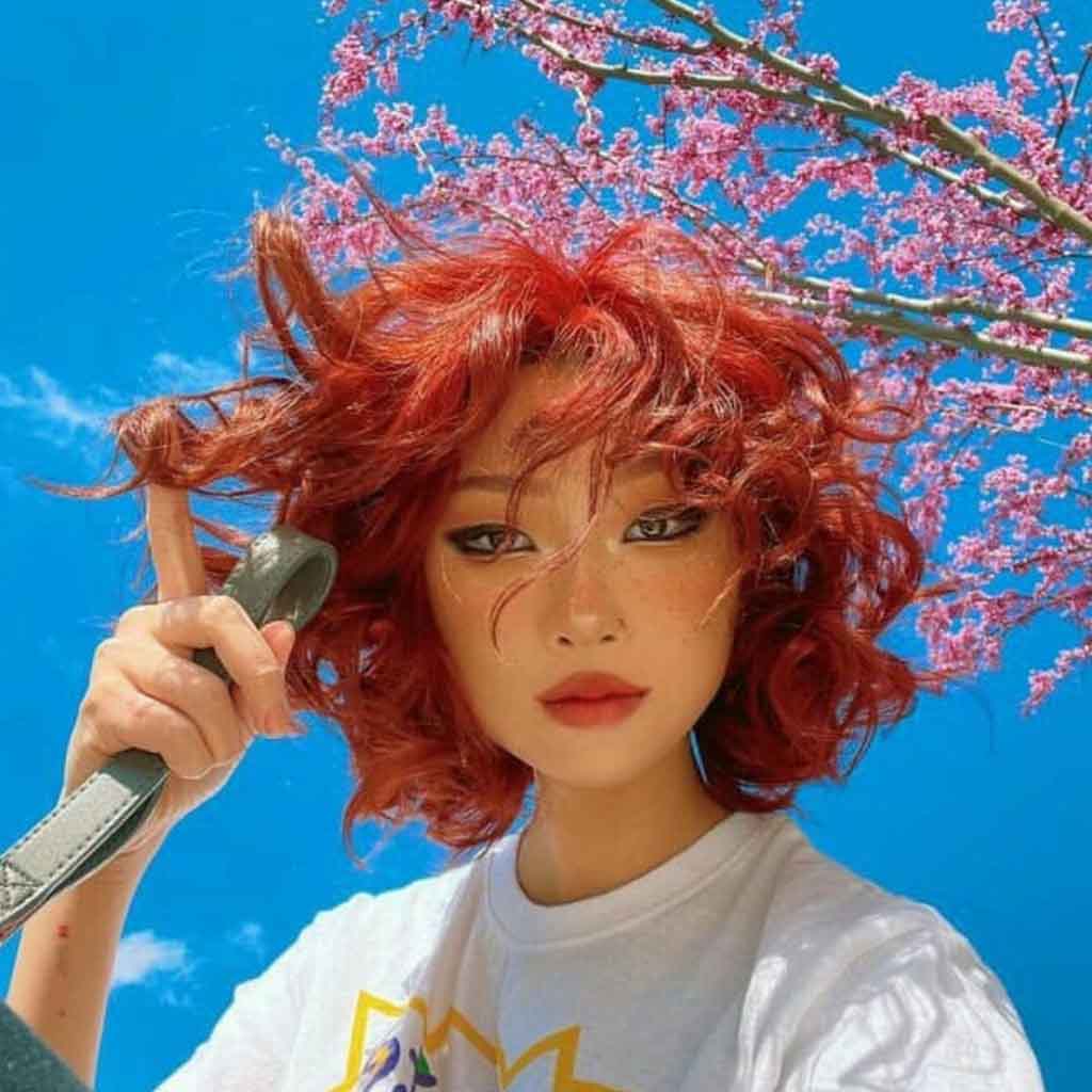 Red Curly Messy Bob Cut