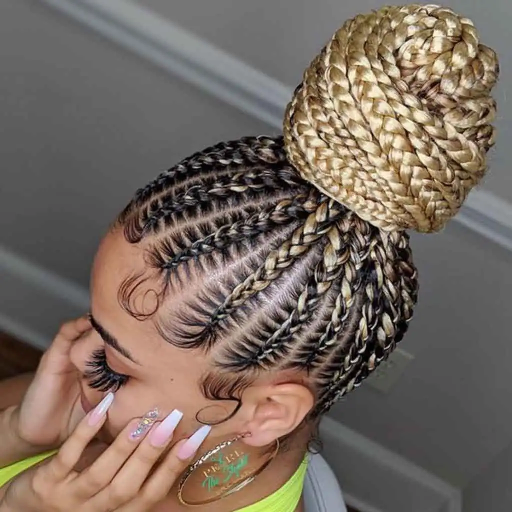 Blonde Black Braided Cornrow Bun