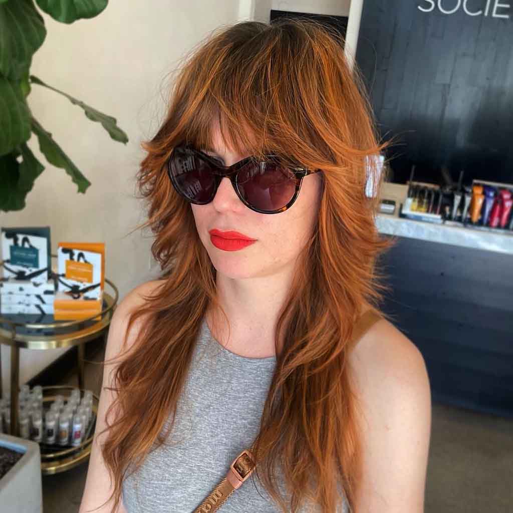 Burnt Sienna Long Shag With Tousled Bangs