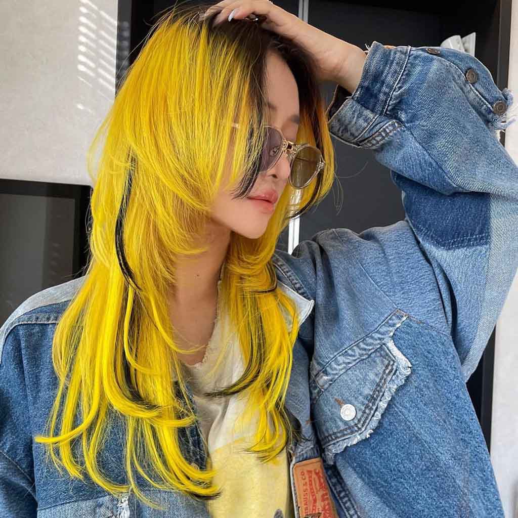 Yellow Butterfly Cut With Black Roots