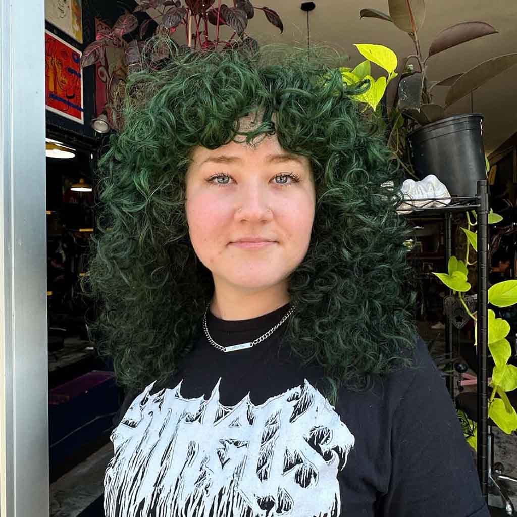 Emerald Green Curly Shag Cut for Oval Face