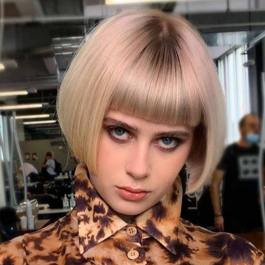 Blonde Metallic Blunt Cut Bob With Short Fringe