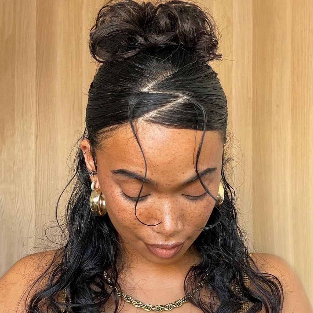 Half-Up Half-Up Curly Bun With Zig-Zag Front With Tendrils