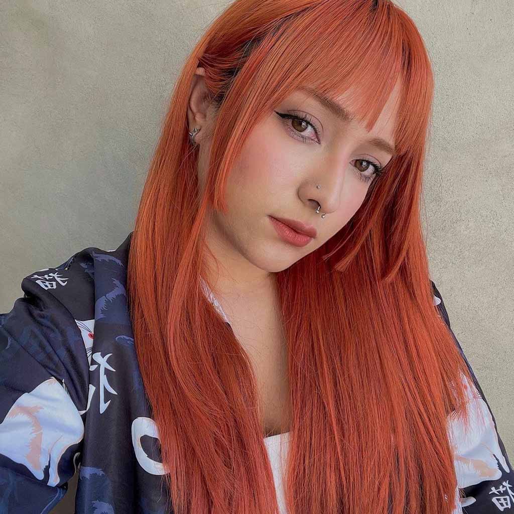 Hime Cut on Long Orange Hair With Bangs