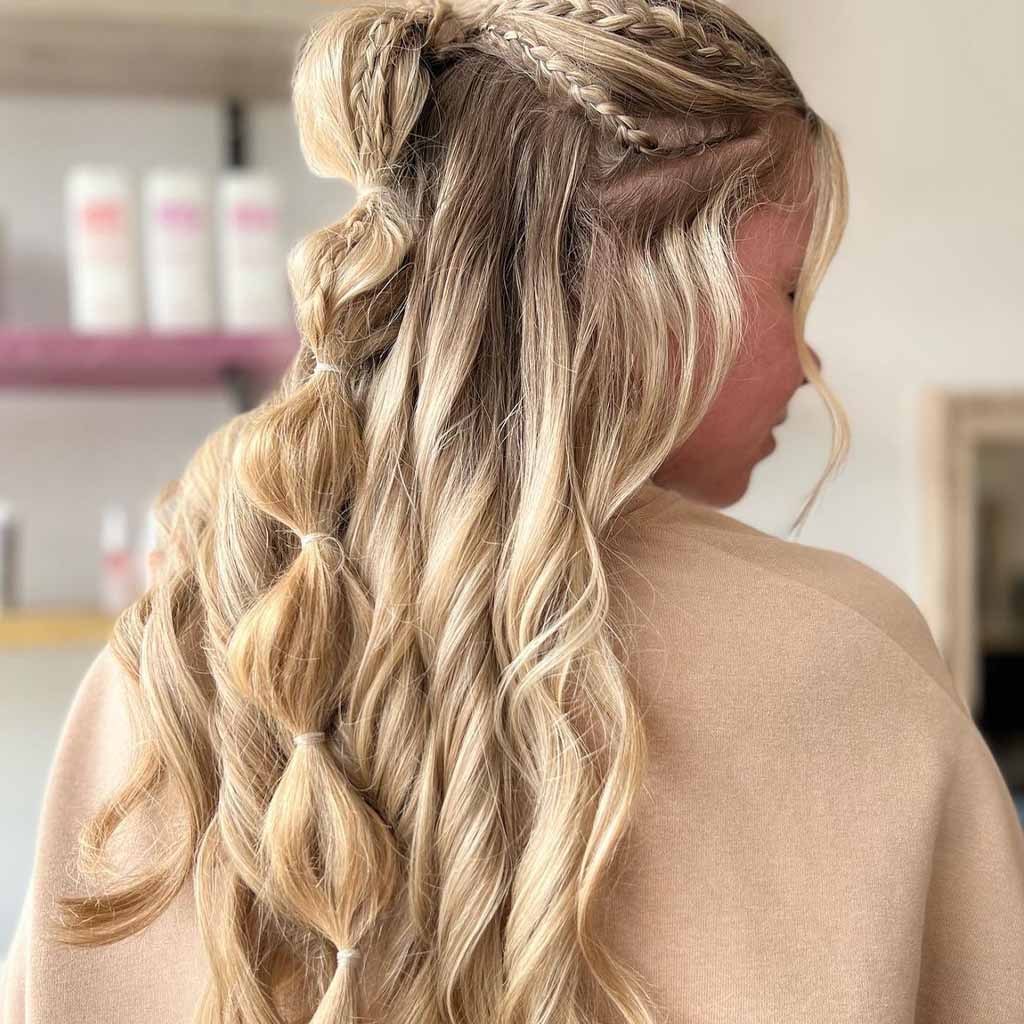 Long Blonde Wavy Hair With Half Up Half Down Bubble Ponytail and Braids
