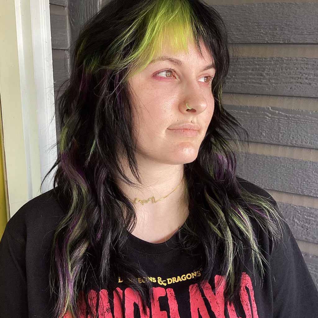 Medium Wavy Black Shag Hair With Lime Green Highlights