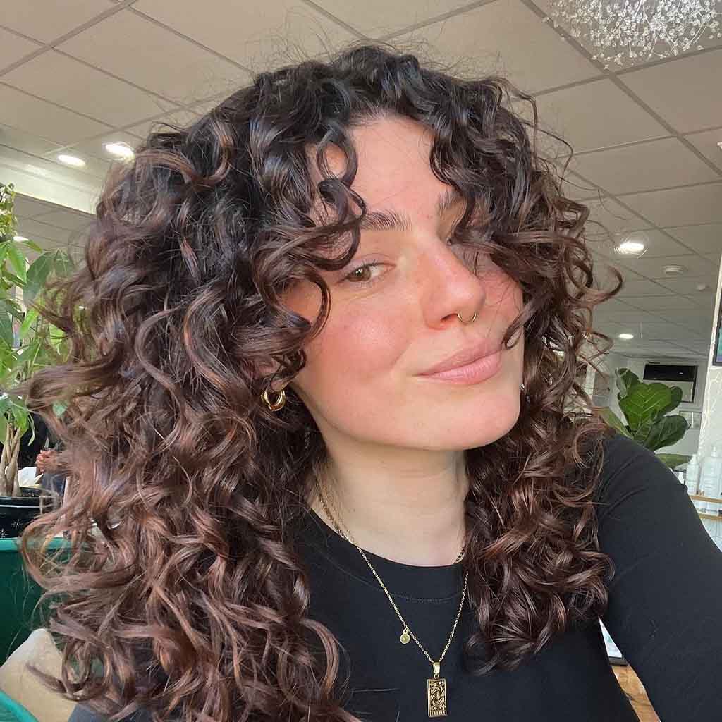 Chocolate Brown Curly Hair With Face Framing Layers