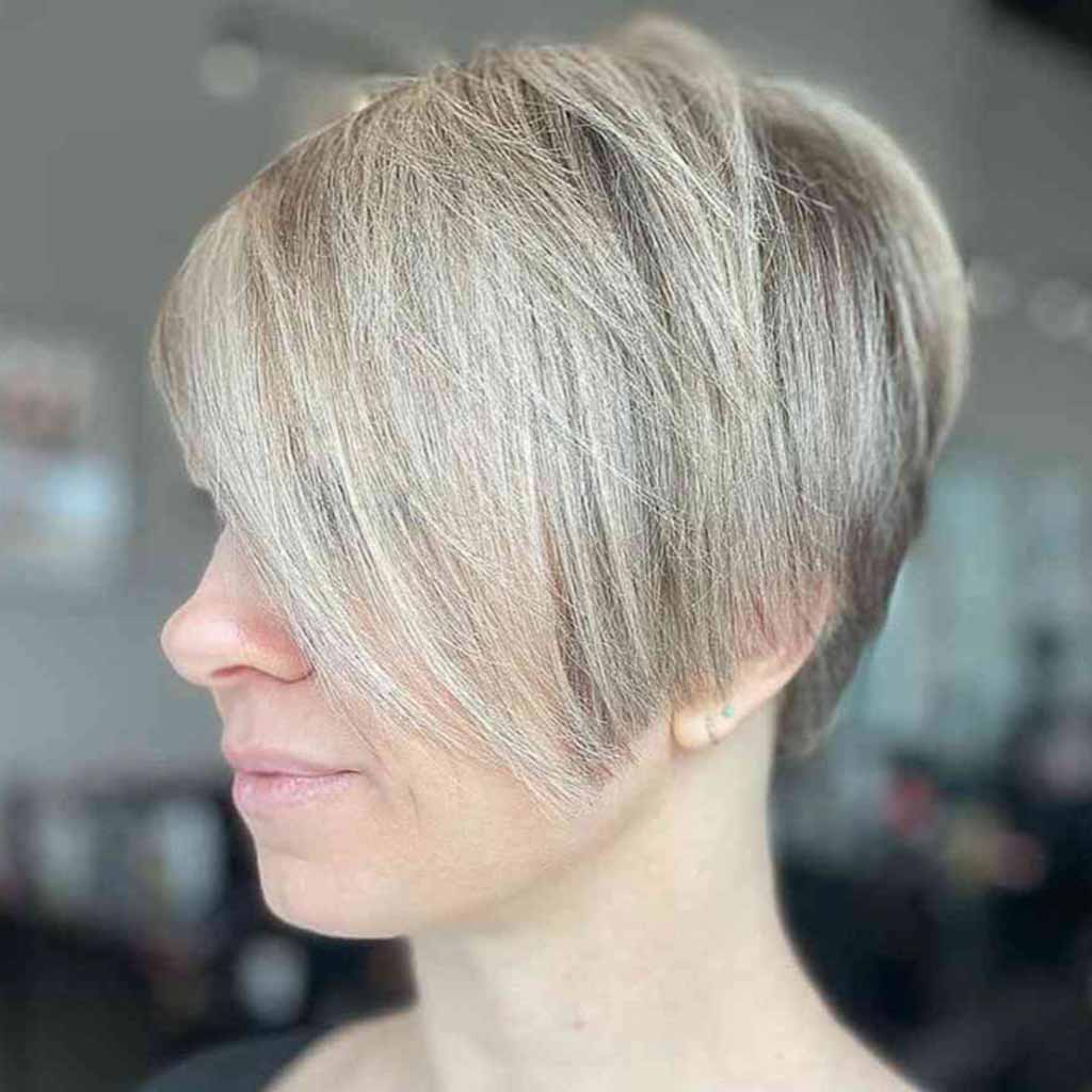 Long Side Parted Bangs on Silver Hair
