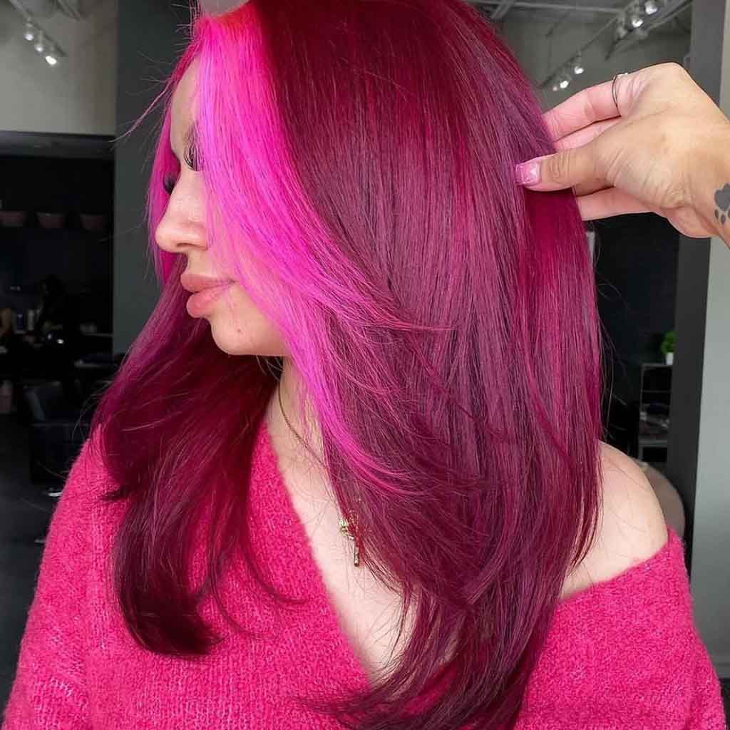 Magenta Garnet Hair With Neon Pink Face Framing Money Piece