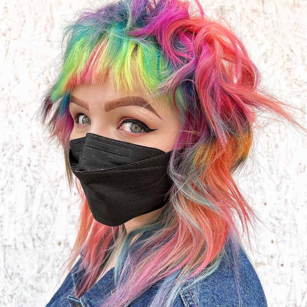 Textured Colorful Wavy Shag Mullet Cut With Choppy Short Bangs