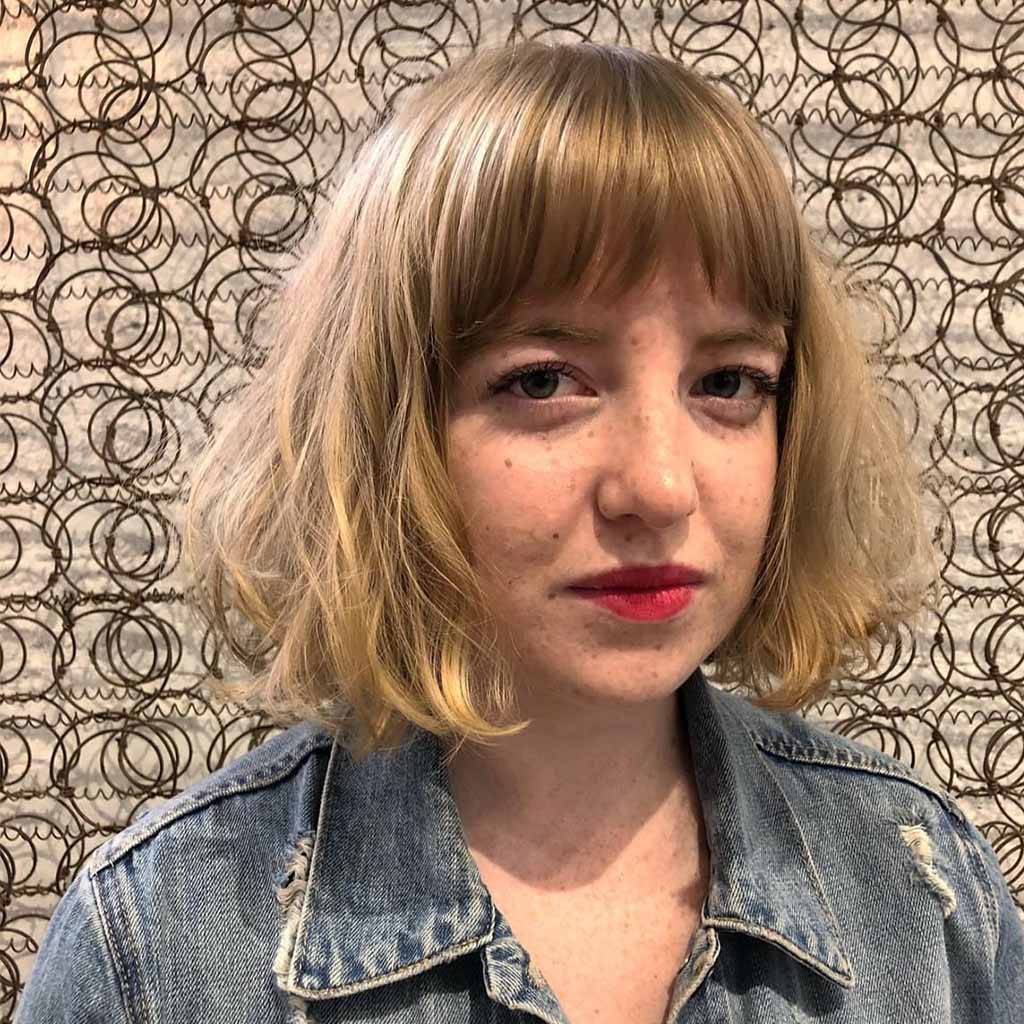 Warm Blonde Fluffy Bob With Fringe