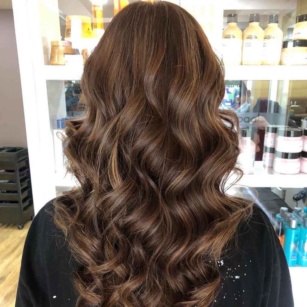 Brown Wavy Hair With Mocha Caramel Balayage Highlights