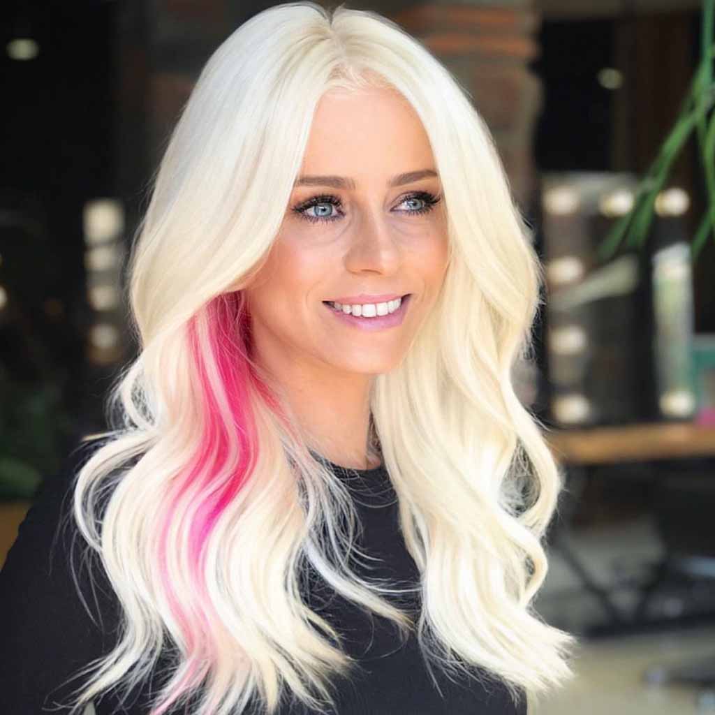 Icy Blonde Long Wavy Layered Hair With Pink Chunks
