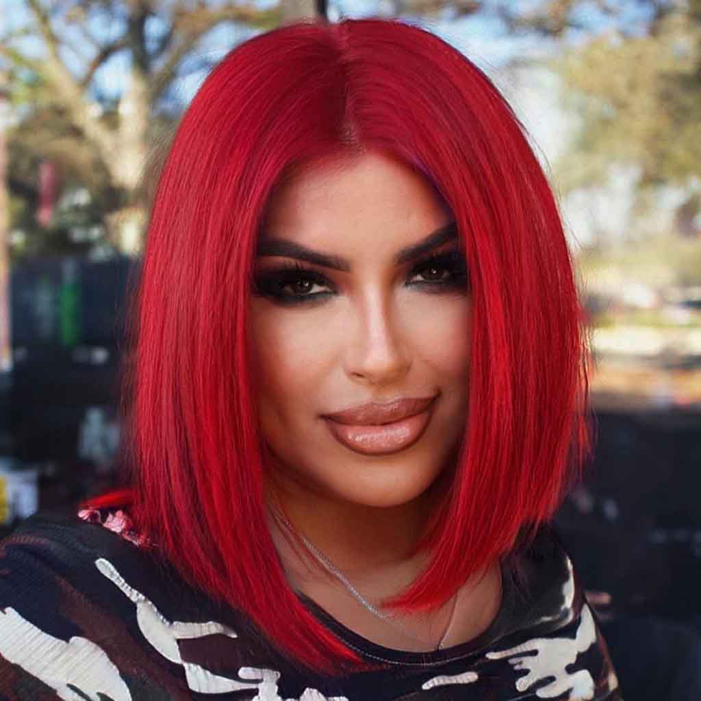 Center-Parted Cherry Bomb Color on Extended Bob Hair
