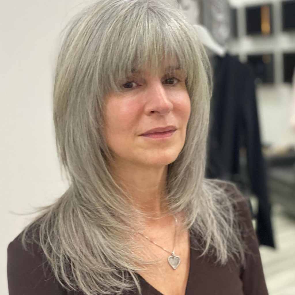 Long Textured Grey Gypsy Shag Cut With Blunt Bangs
