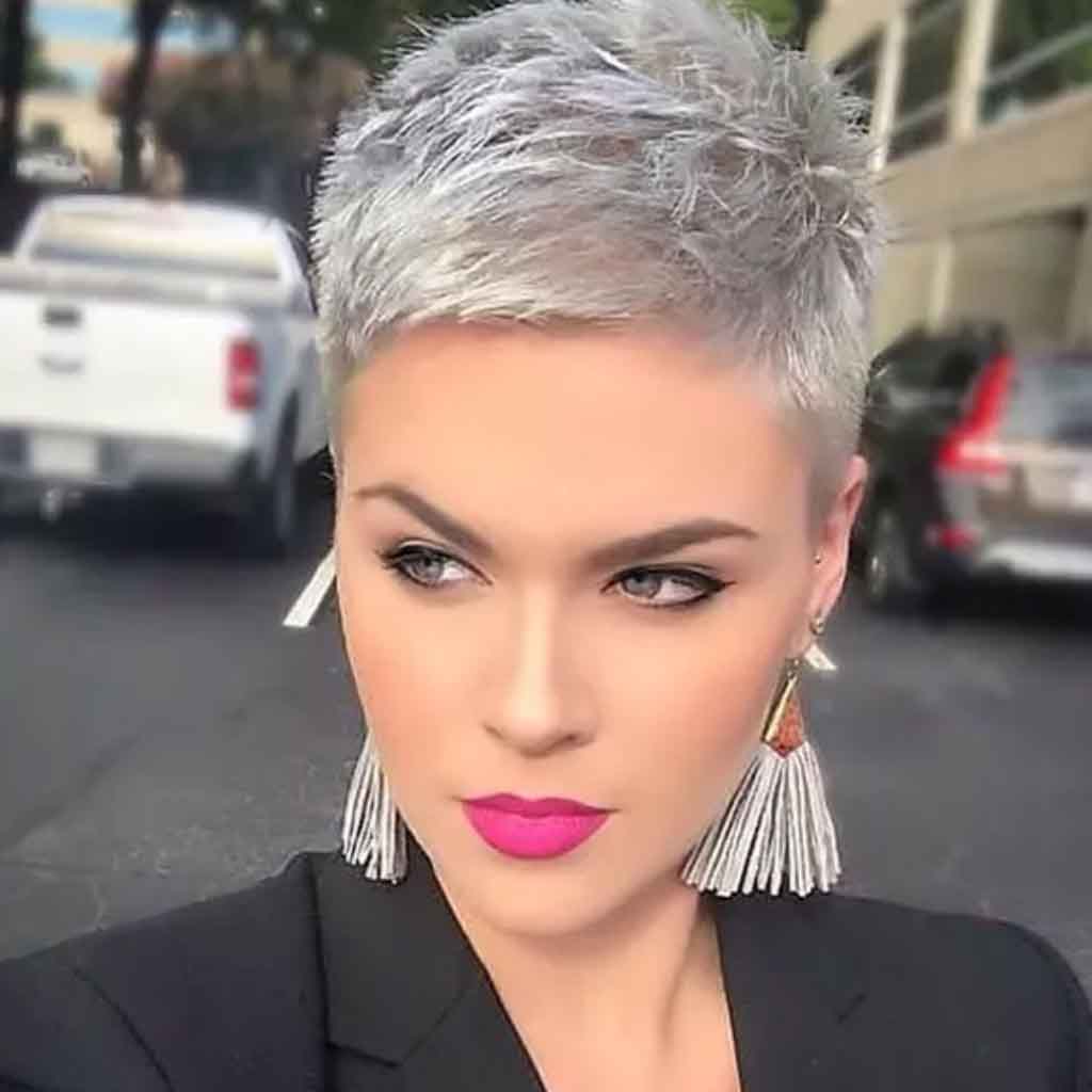 Choppy Gray Pixie Hair with Undershave