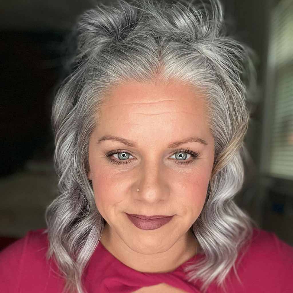 Medium Silver Wavy Half-Up Half-Down Hair