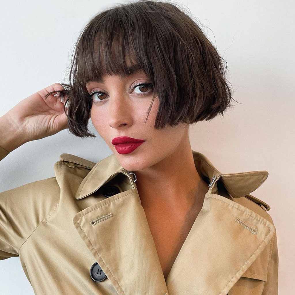 Wavy Dark Brown French Bob With Bangs
