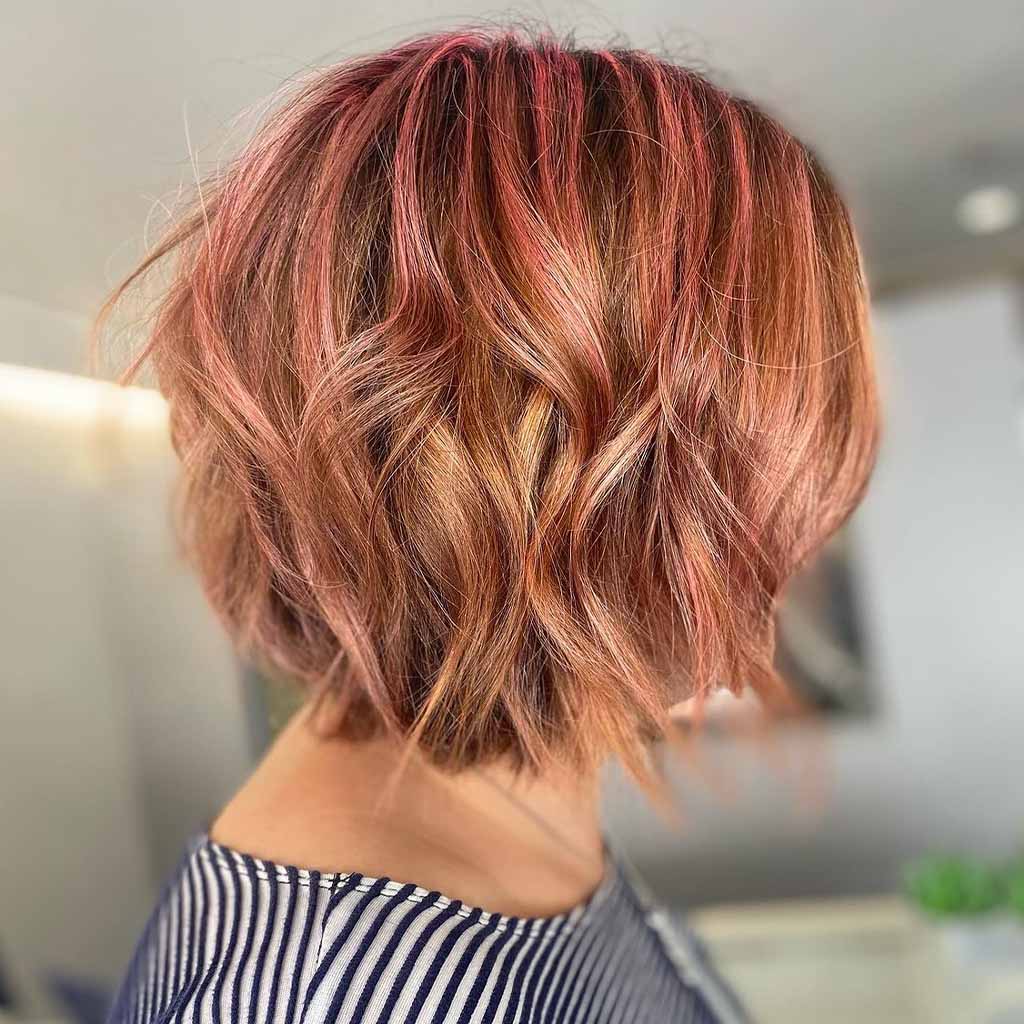 14. Rosegold Choppy Bob With Messy Waves