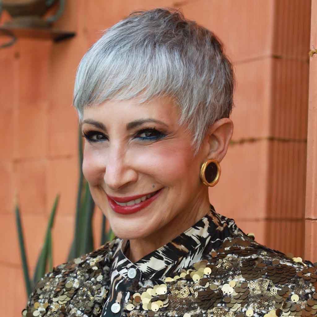 Short Gray Black Hair With Feathered Baby Bangs