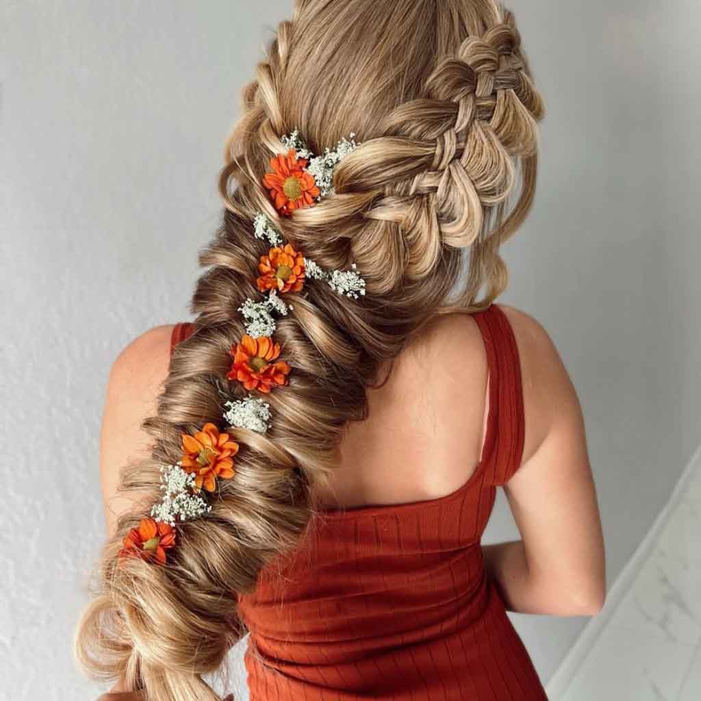 Textured Fishtail Braid With Pull-Through Updo on Bronde Hair