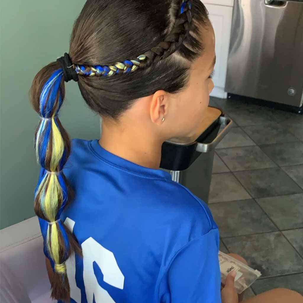 Yellow and Blue Crown Braid With Bubble Ponytail