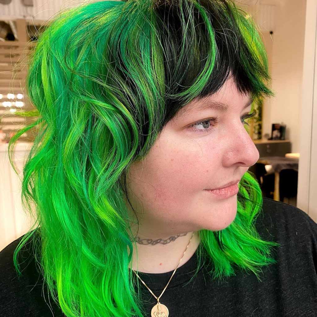 Neon Green and Black Tousled Shag Cut