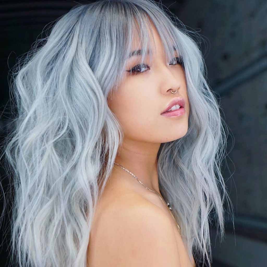 Wispy Bangs on Silver Blue Wavy Hair
