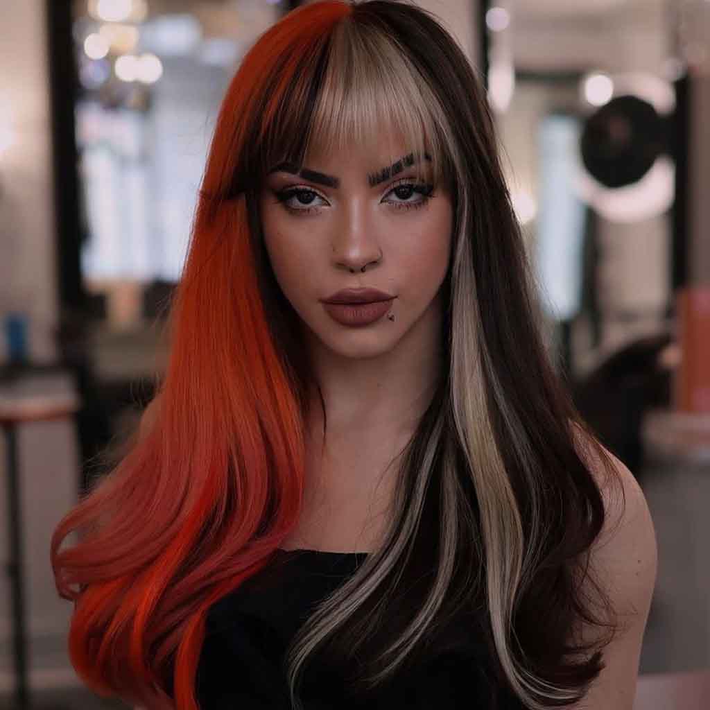 Platinum, Orange and Black Color Block Hair