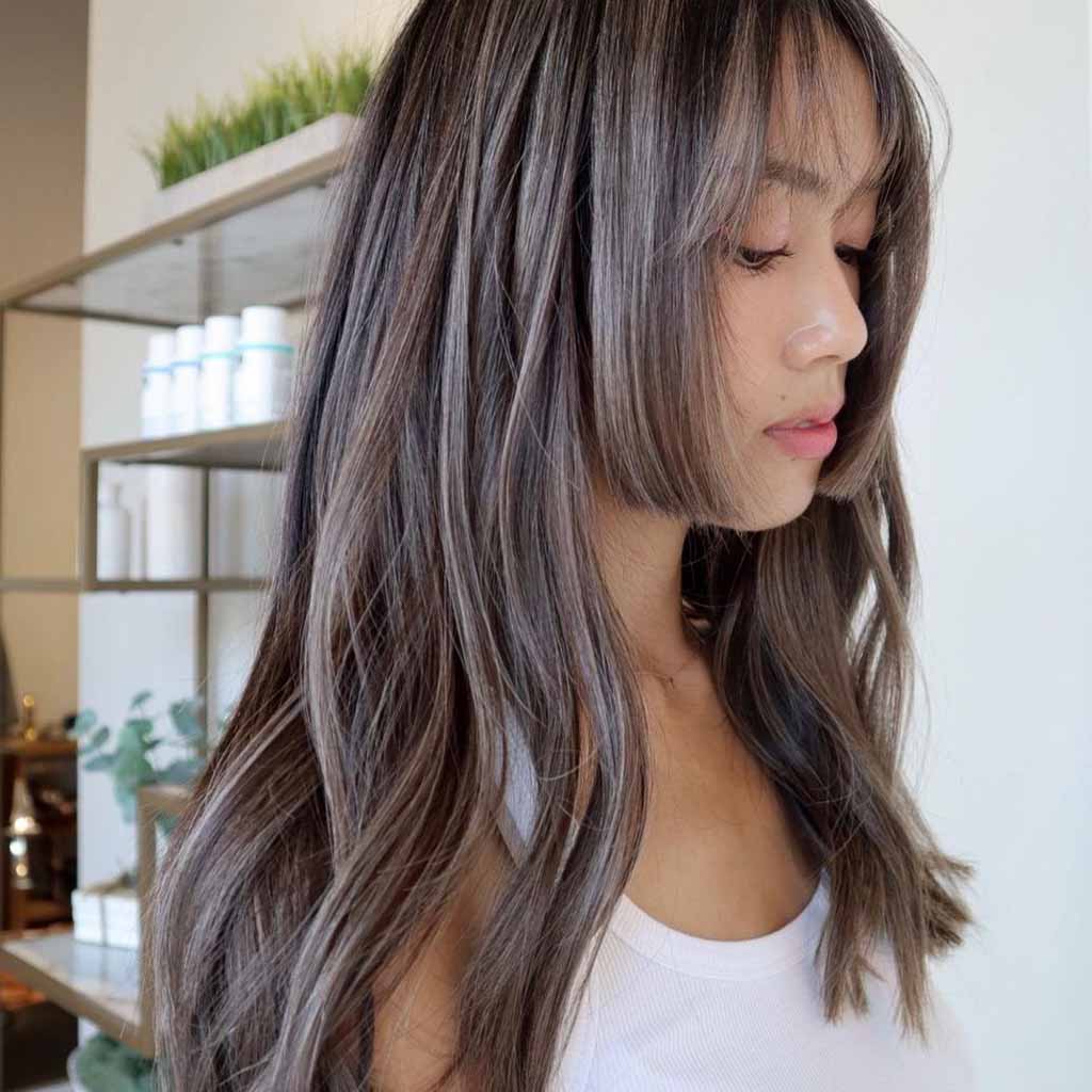 Long Hime Cut With Ash Blonde Highlights and Wispy Bangs