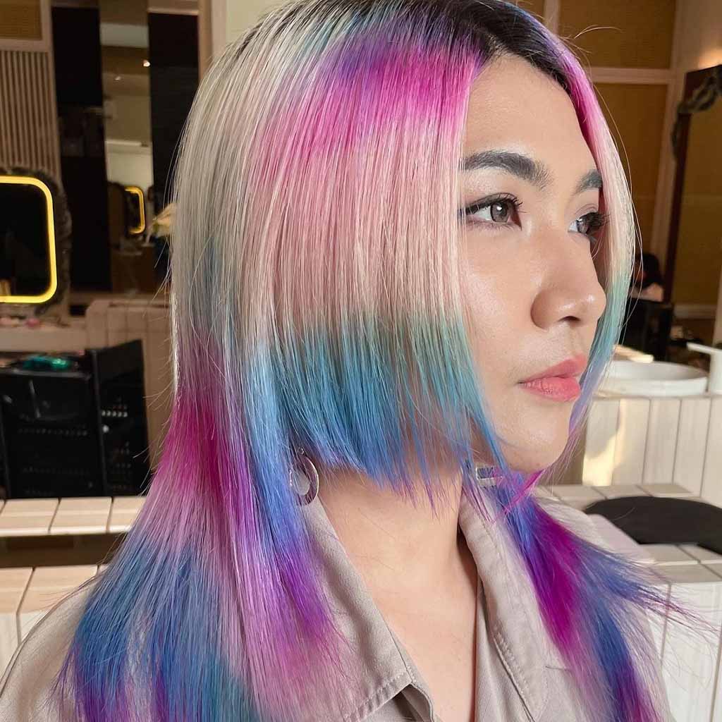 Unicorn Color Hime Cut on Ash Blonde Base