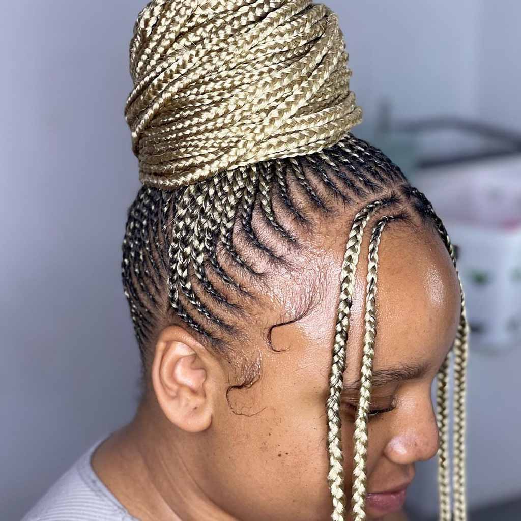 Blonde Knotless Braids Into High Bun