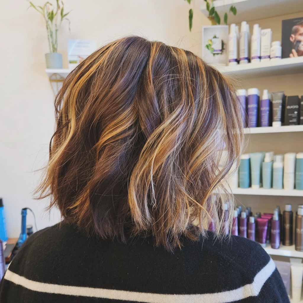 Brown Choppy Bob With Golden Highlights