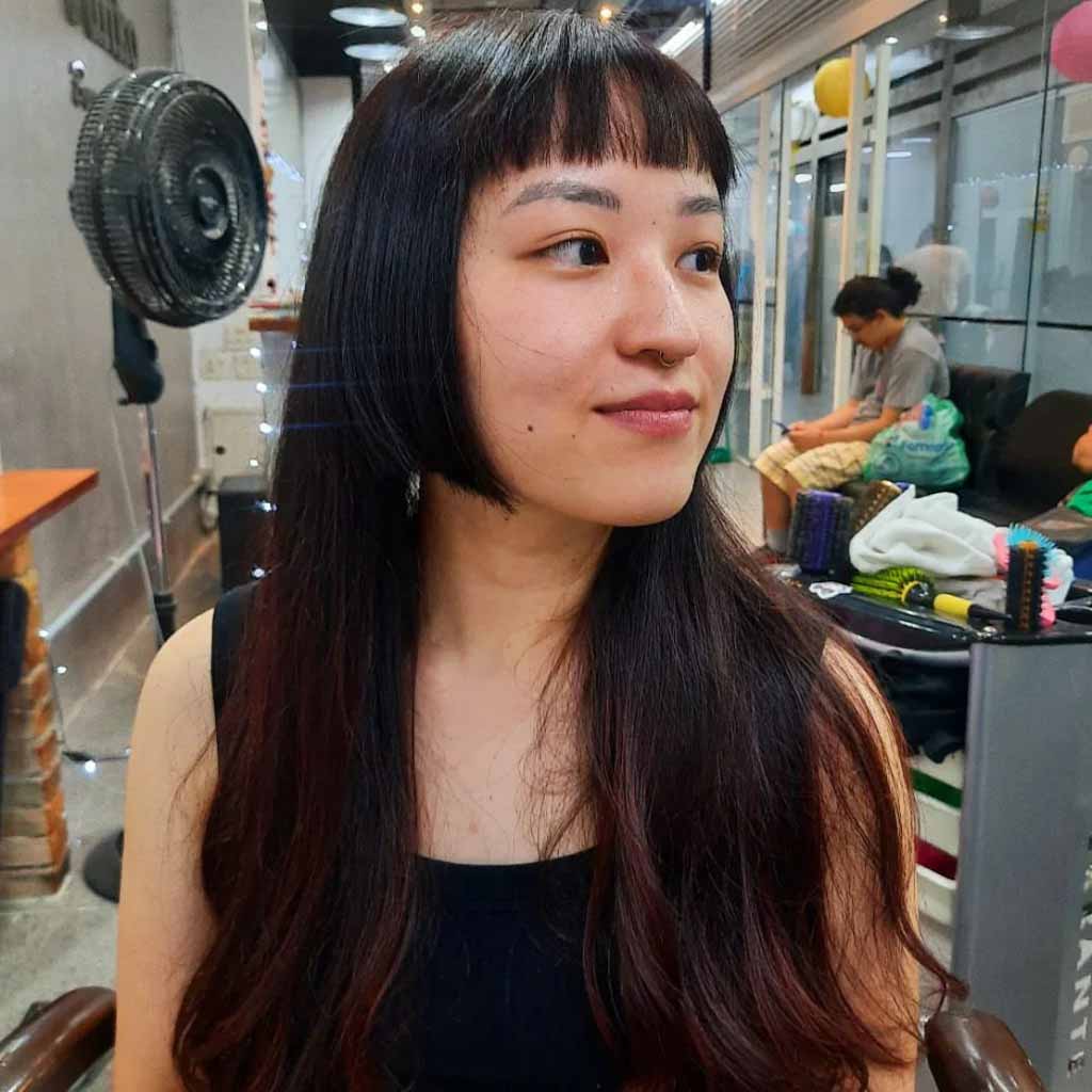 Long Hime Cut With Burgundy Highlights and Micro Bangs
