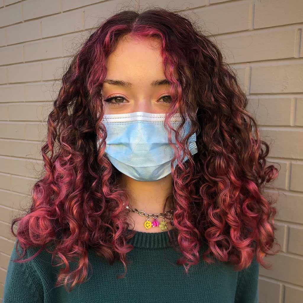 Medium BrownWavy Curly Hair With Pink Highlights