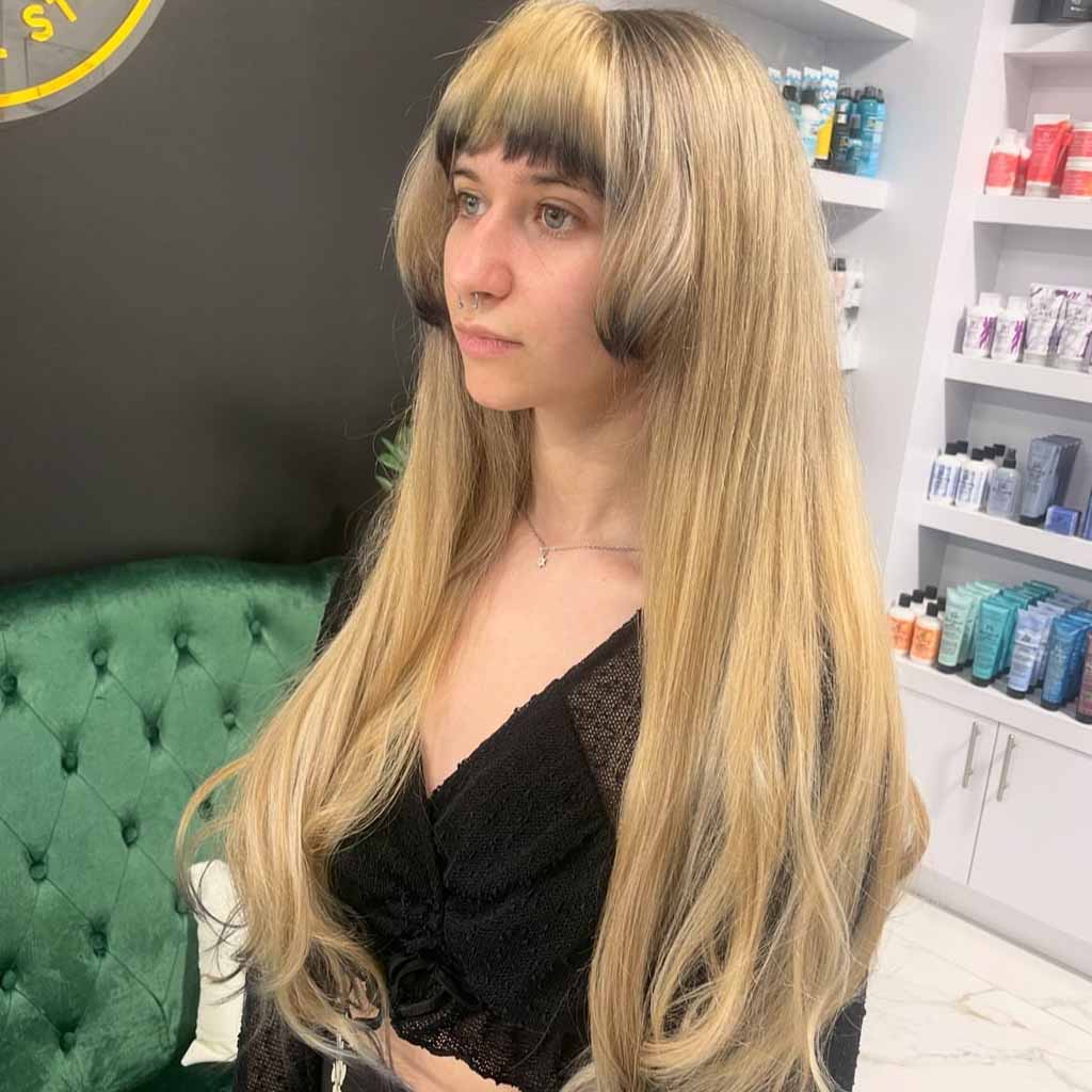 Long Blonde Fluffy Hime Cut With Black Ends