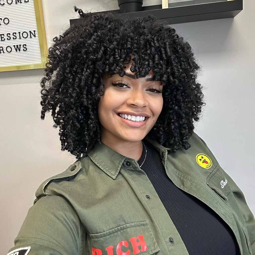 Medium Fluffy Spiral Curls With Long Bangs