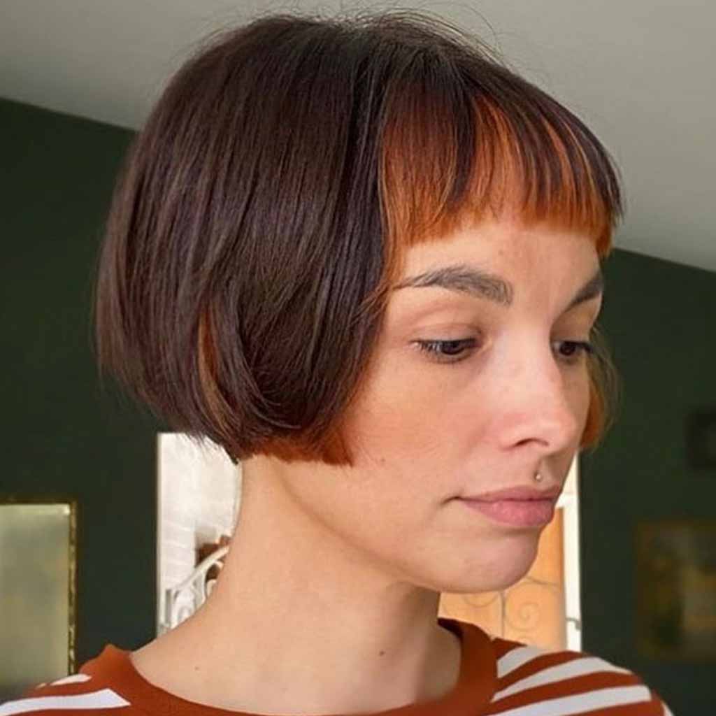 Micro Brown Bob With Copper Brown Bangs