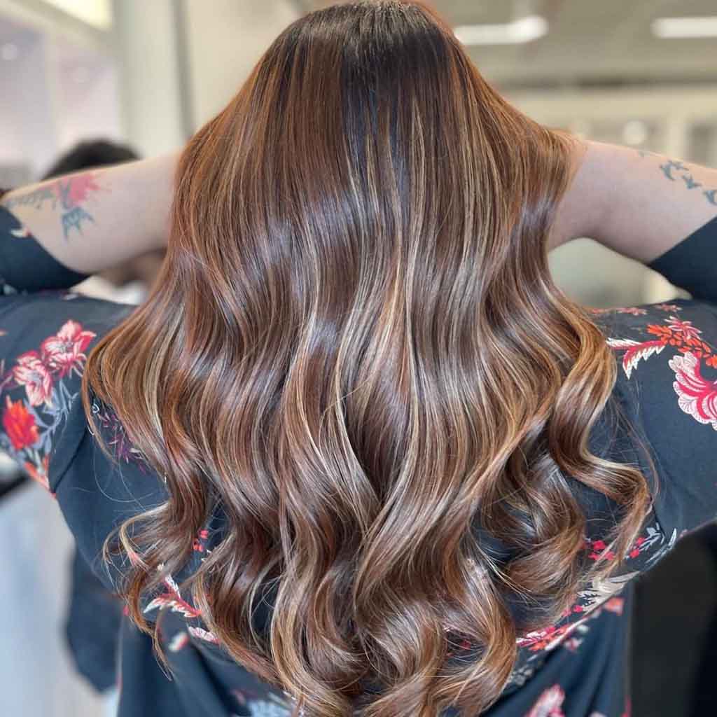 Strawberry Caramel Highlights on Chocolate Brown Hair