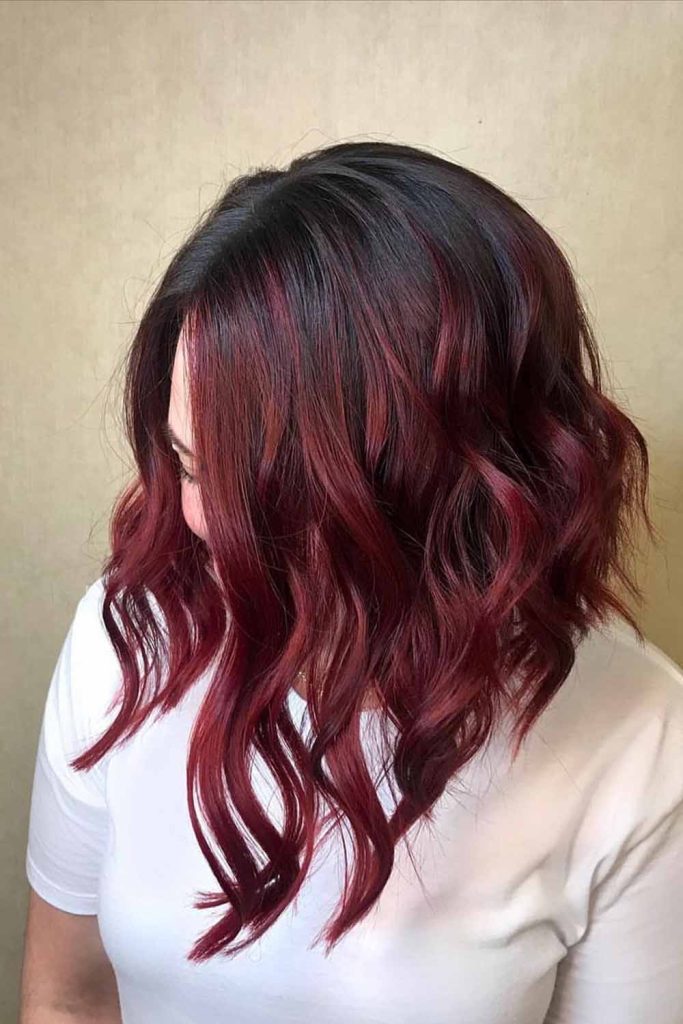 Thick Wavy Long Bob Hair With Burgundy Balayage