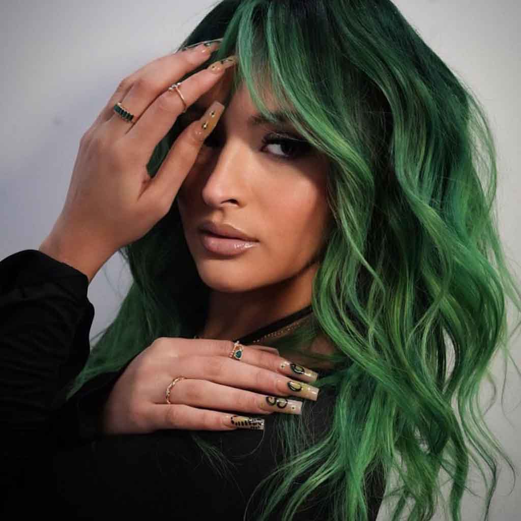 Forest Green and Black Hair With Beachy Waves and Bangs