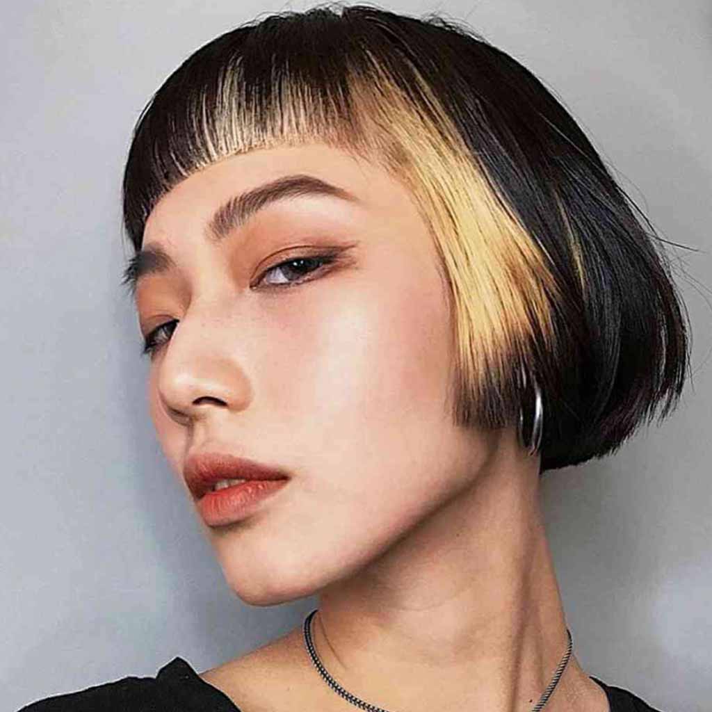 Boxed Blunt Bob With Blonde Highlights and Short Bangs