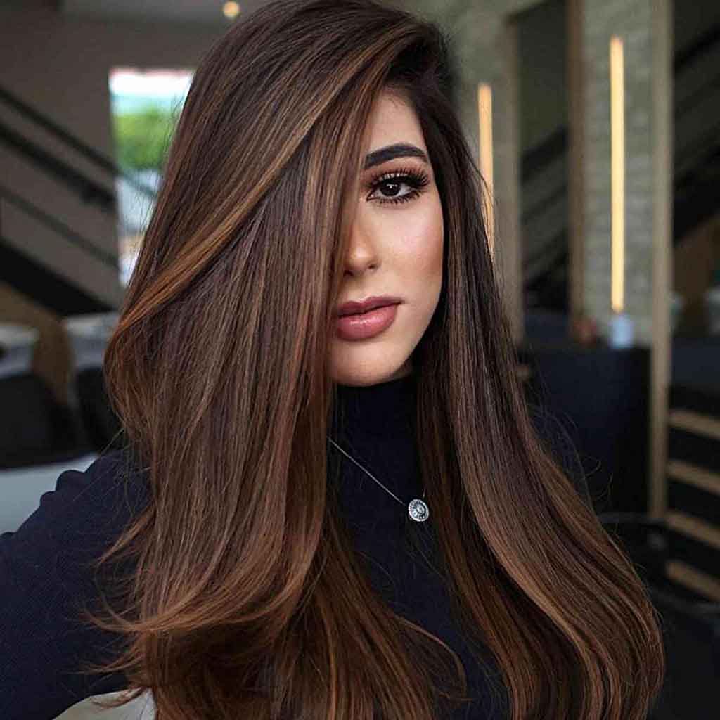 Long Straight Brown Hair With Caramel Highlights